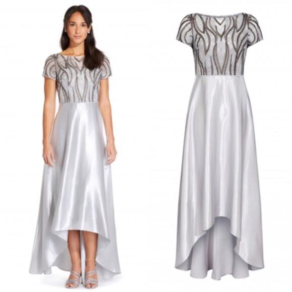 NWT Adrianna Papell sz 16 Silver Satin Embroidered Sequined Hi-Low Formal Gown - Picture 1 of 14